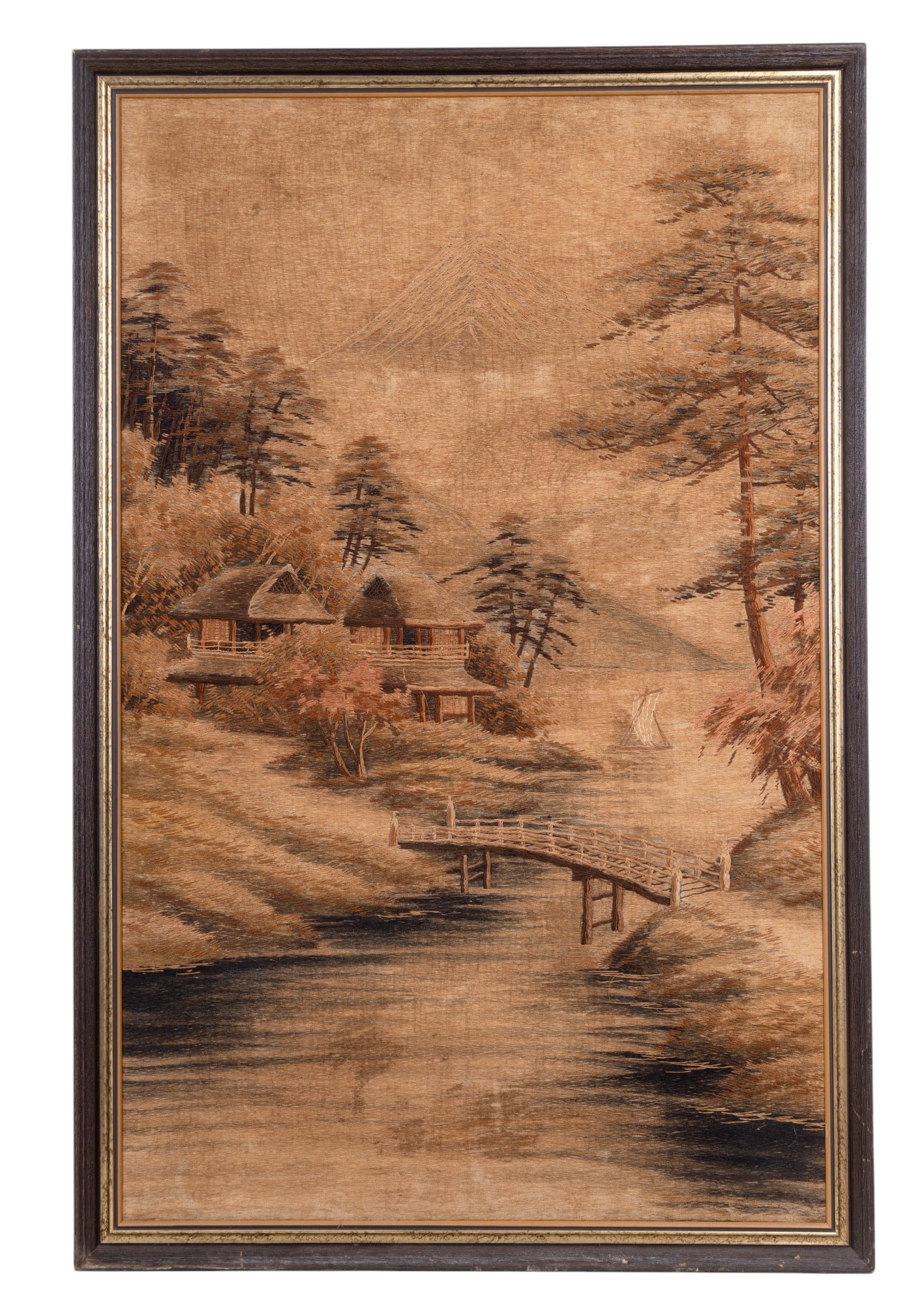 Early 20th C Japanese Embroidery: Early 20th C framed hand embroidered textile depicting a Japanese village scene with Mt. Fuji in the background, 31.5" W x 48.25" H.