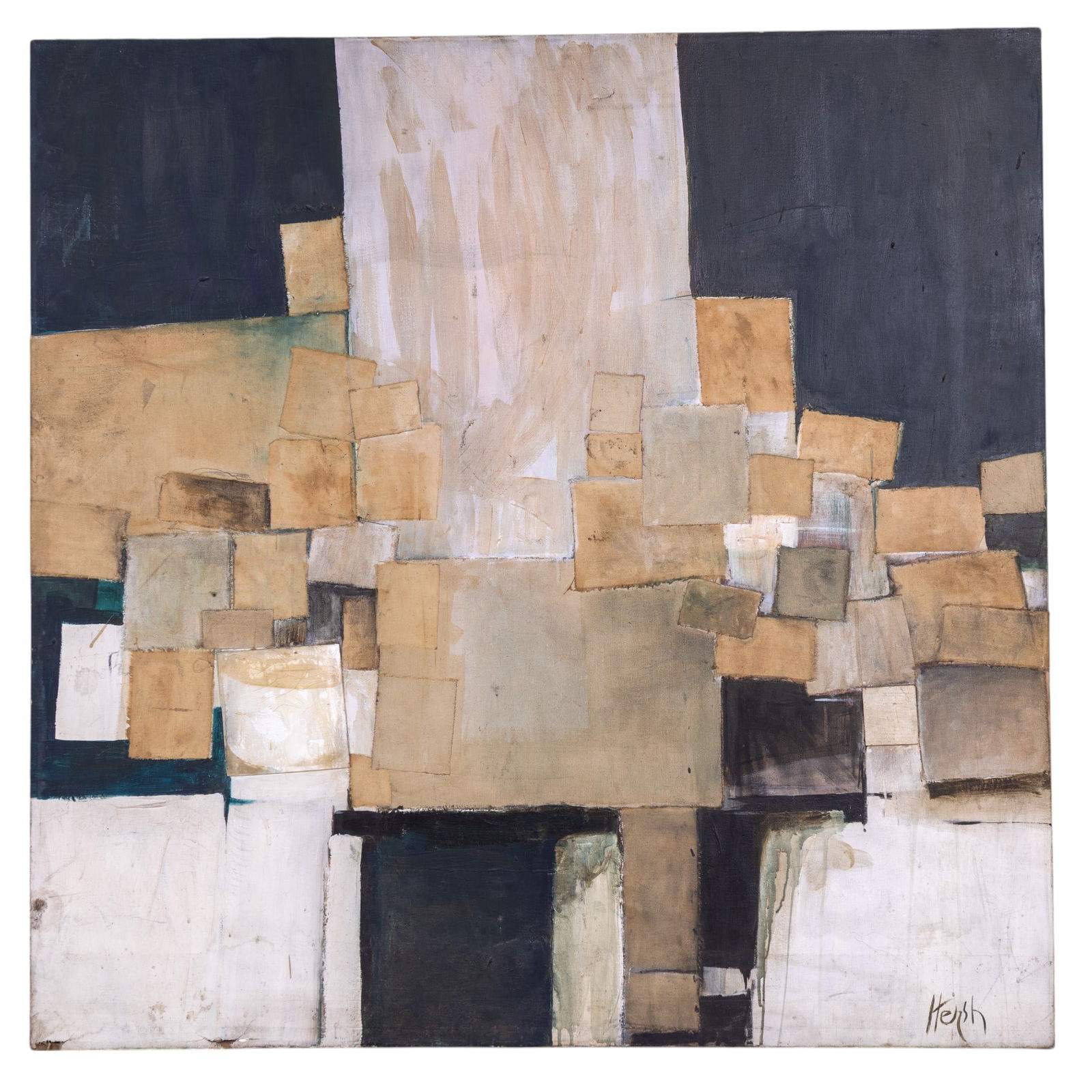 Susan Hersh (b. 1942) Multimedia Canvas Art: Large 4' x 4' unframed multimedia canvas painting and collage by Susan Hersh (b. 1942) featuring staining, canvas patchwork, and cracked lucite, note small tear near upper middle section and loss on t