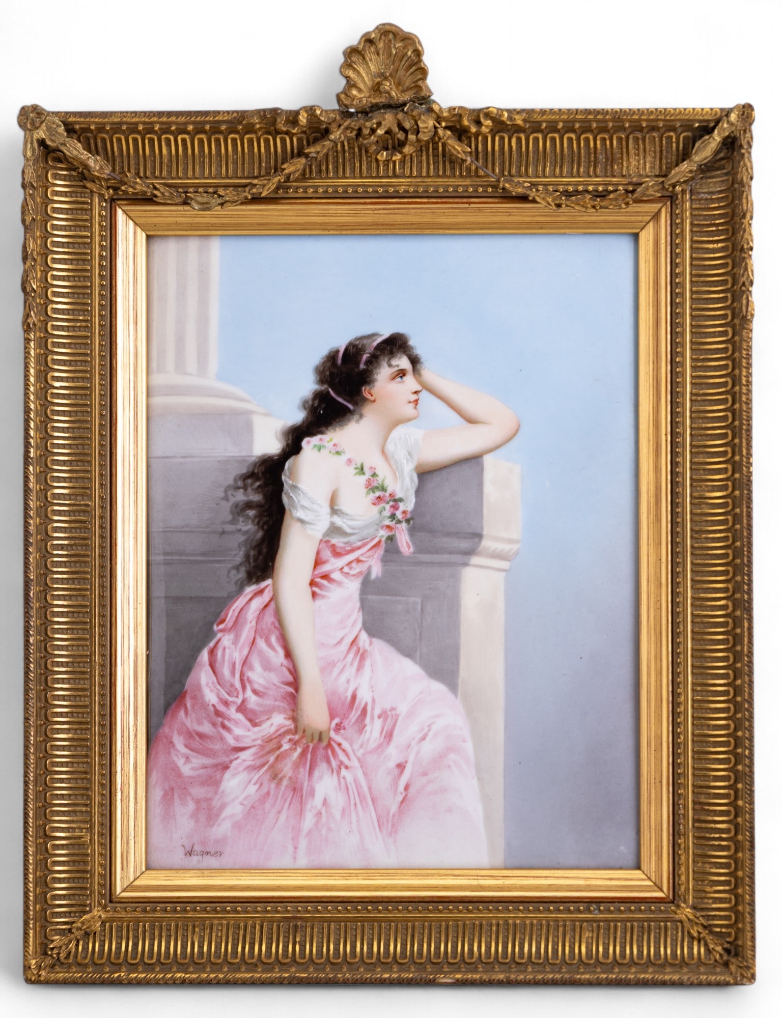 19th/20th C Fine Wagner Porcelain Plaque: Late 19th to early 20th C fine hand painted porcelain plaque depicting a young woman in a dress, measures approx. 7" W x 9" H, signed in bottom left corner 'Wagner', in neoclassical gilt wood and gess