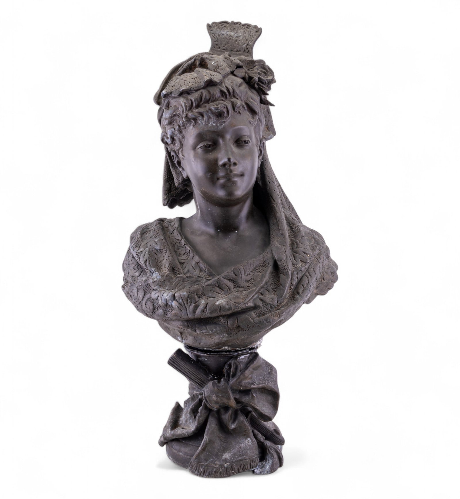 Metal Bust of a Young Woman Highly Detailed: Cast metal bust sculpture of a young woman in formal attire / estimated style of Victorian or earlier. The top is currently detached from the base. W/ the base, the sculpture measures approx. 29.5" ta