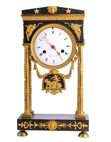 French Empire Gilded Bronze Portico Mantel Clock