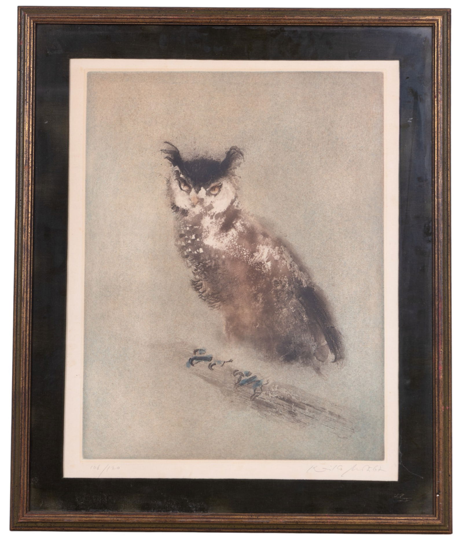Kaiko Moti (1921-1989) " The Grand Duke" Aquatint: A good size signed and editioned aquatint of Kaiko Moti's "The Grand Duke" featuring a great horned owl. Edition is 106/120, and signed in pencil on bottom right. Kaiko Moti was a Franco-Indian artist