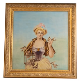 Large Petit Point Early Tapestry Woman w/ Birds