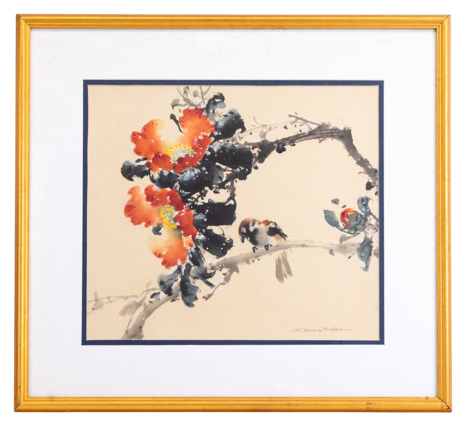 Eloise Bralove (20th C. American) Watercolor: Watercolor and pencil painting signed by Eloise Bralove the American 20th century artist, Asian style with orange blossoms / flower with bird on branch. Measurements: 22.5" high, 24" wide in frame.
