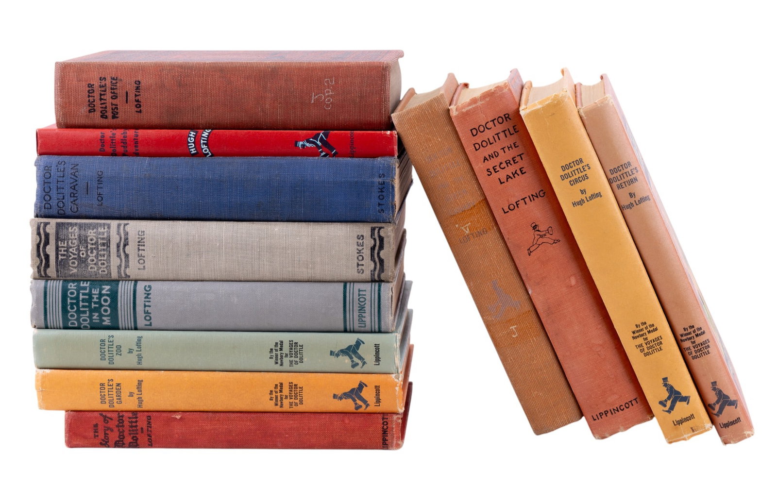 Dr. Dolittle Book Collection (12): A collection of early 20th C Doctor Dolittle books by Hugh Lofting, featuring first editions such as Doctor Dolittle and the Green Canary, cr. 1950, Doctor Dolittle and Secret Lake, cr. 1948, Doctor D