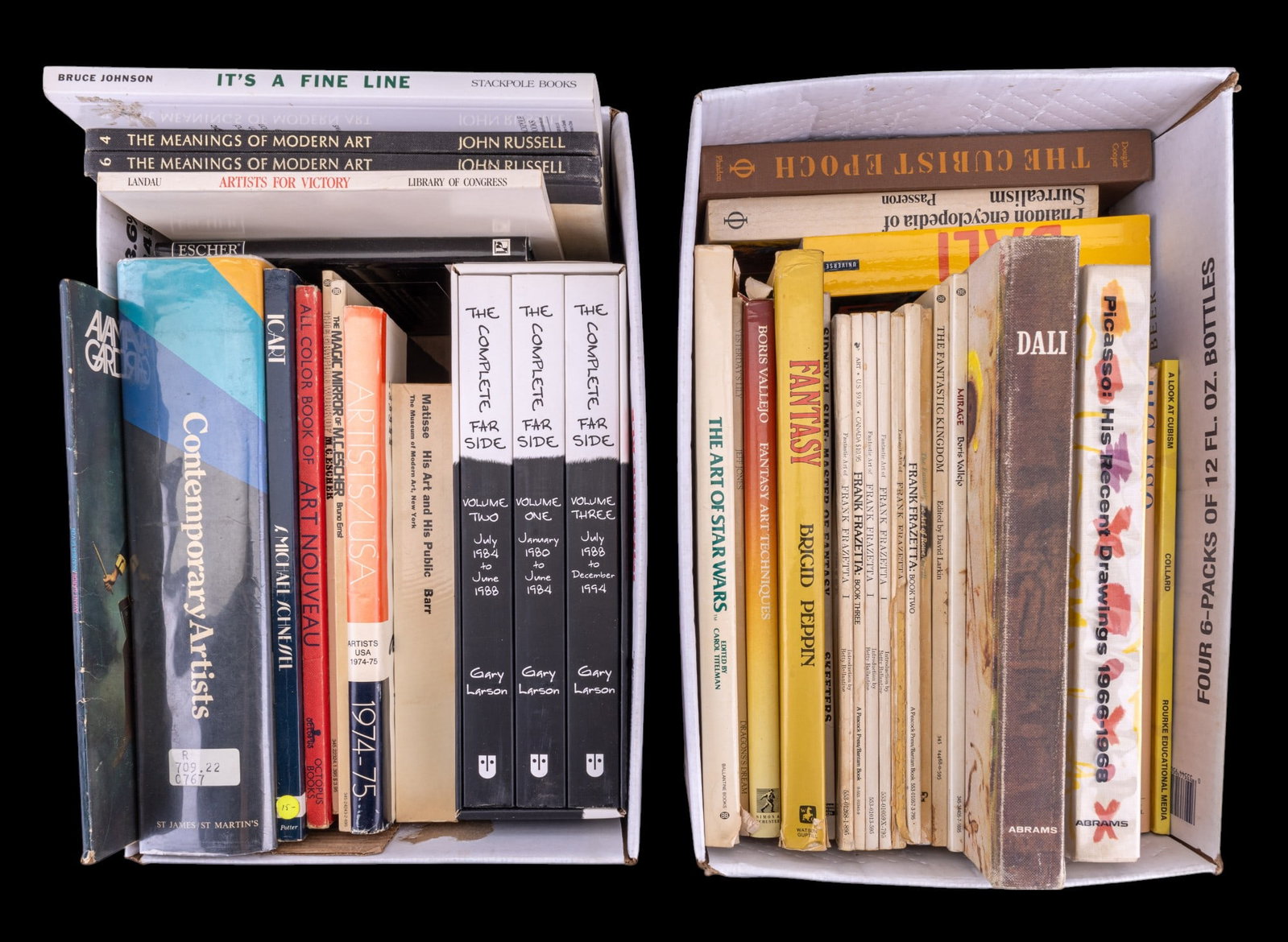 39 Contemporary Art and Fantasy Art Books: 39 Contemporary Art Reference books including 14 Fantasy Art Books, other books include Cubism, Surrealism and Art Nouveau as seen in photo. Specifics include The Complete Far Side Set, Salvador Dali,