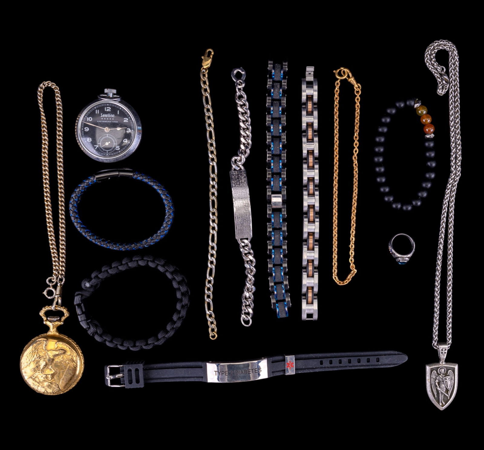 Men's Bracelet and Pocket Watches: A collection of men's bracelets featuring a figaro gold tone bracelet by Danbury Mint, note gold tone has worn, type 2 Diabetes alert bracelets, a black and blue watch band, a Frederick High School Ca