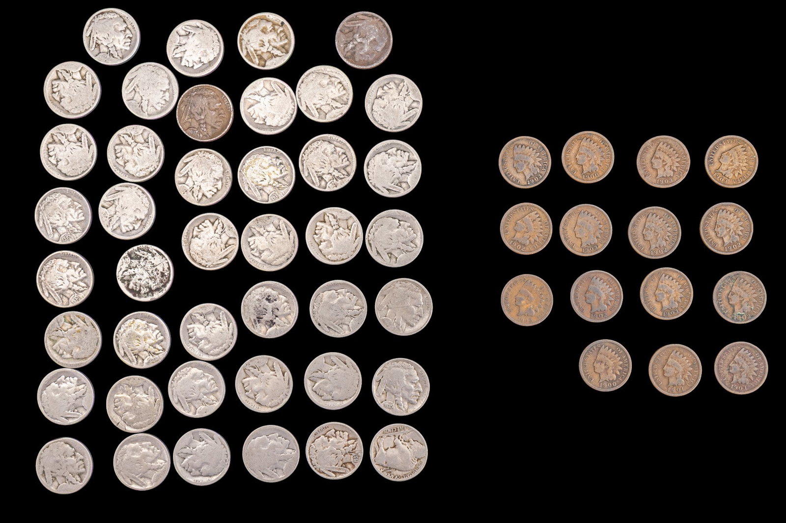 Buffalo Nickels (42) and Indian Head Pennies (15): A collection of 42 Buffalo nickels featuring visible dates 1920, 1926, 1929, 1935, 1936, and 1937, many dates have been worn away, and a collection of 15 Indian Head pennies featuring the dates 1900, 