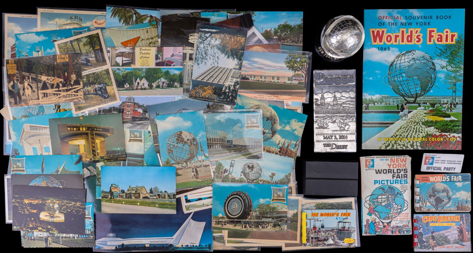 Vintage Post Cards: A collection of approx. 90+ vintage post cards including themes such as destinations, Frederick, MD, Baltimore/D.C. area, World's Fair, NY World's Fair picture album and Unisphere figurine, an officia