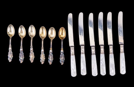 Sterling + Pearl Handled Knives + Sterling Spoons