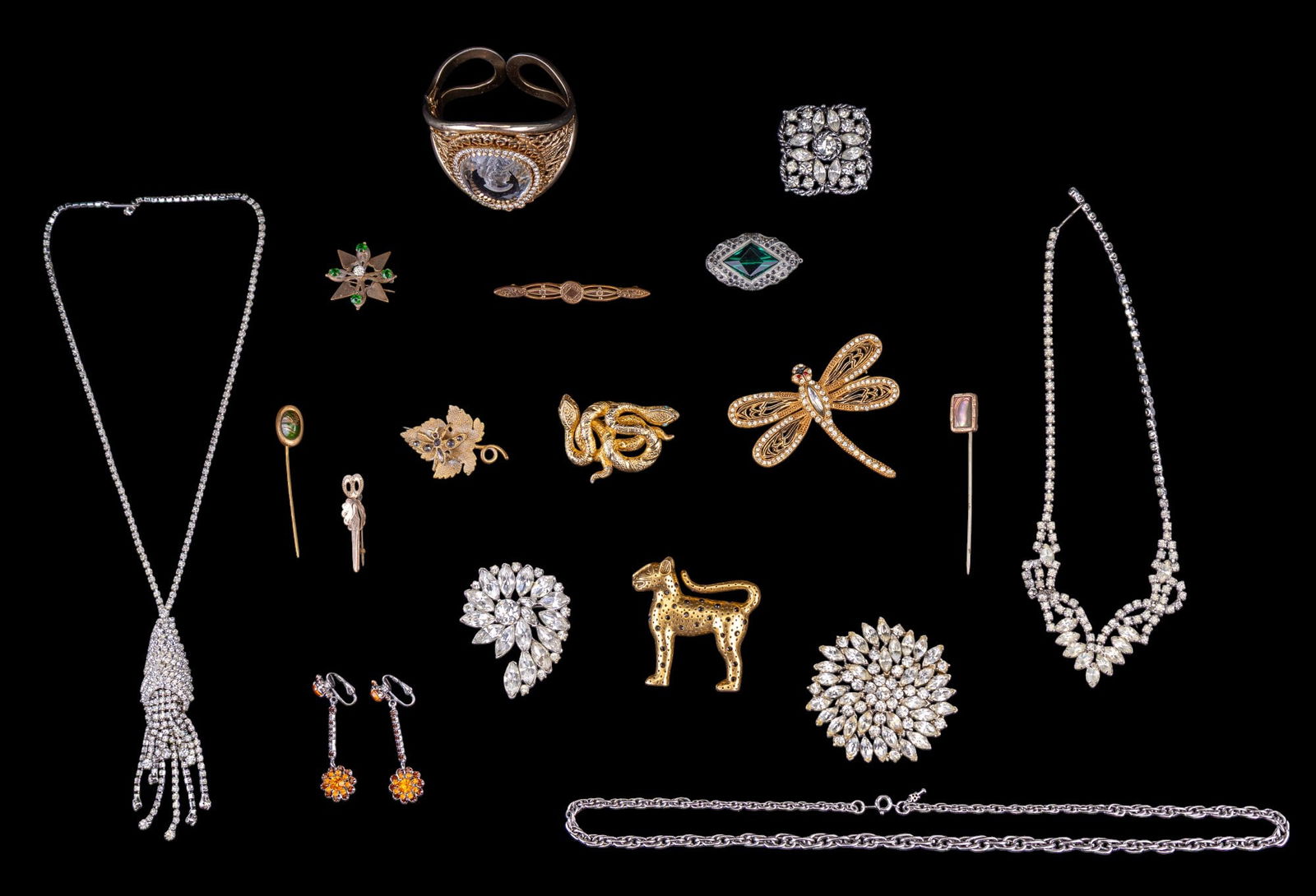 Weiss, Warner, Trifari, and Vintage Estate Jewelry: Warner gold tone cameo style cuff bracelet, Weiss clear crystal rhinestone brooch, early Victorian leaf pin, snake brooch, gold tone standing panther brooch, rhinestone crystal necklaces, early stick