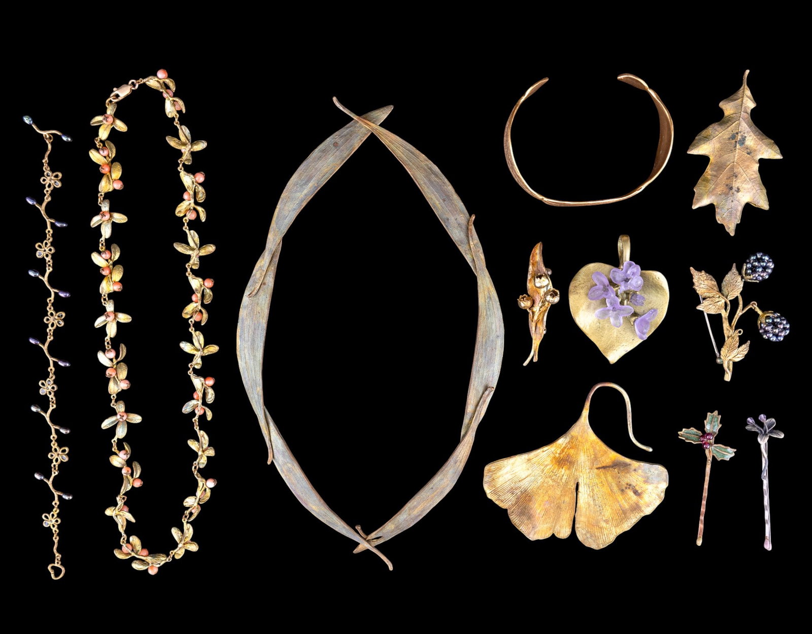 Nature Inspired Vintage Jewelry: A collection of nature inspired vintage jewelry including leaf motif brooches, artisan leaf necklace, 14K GP and coral berry leaf necklace, blackberry brooch, leaf cuff bracelet, floral bobby pins, fl
