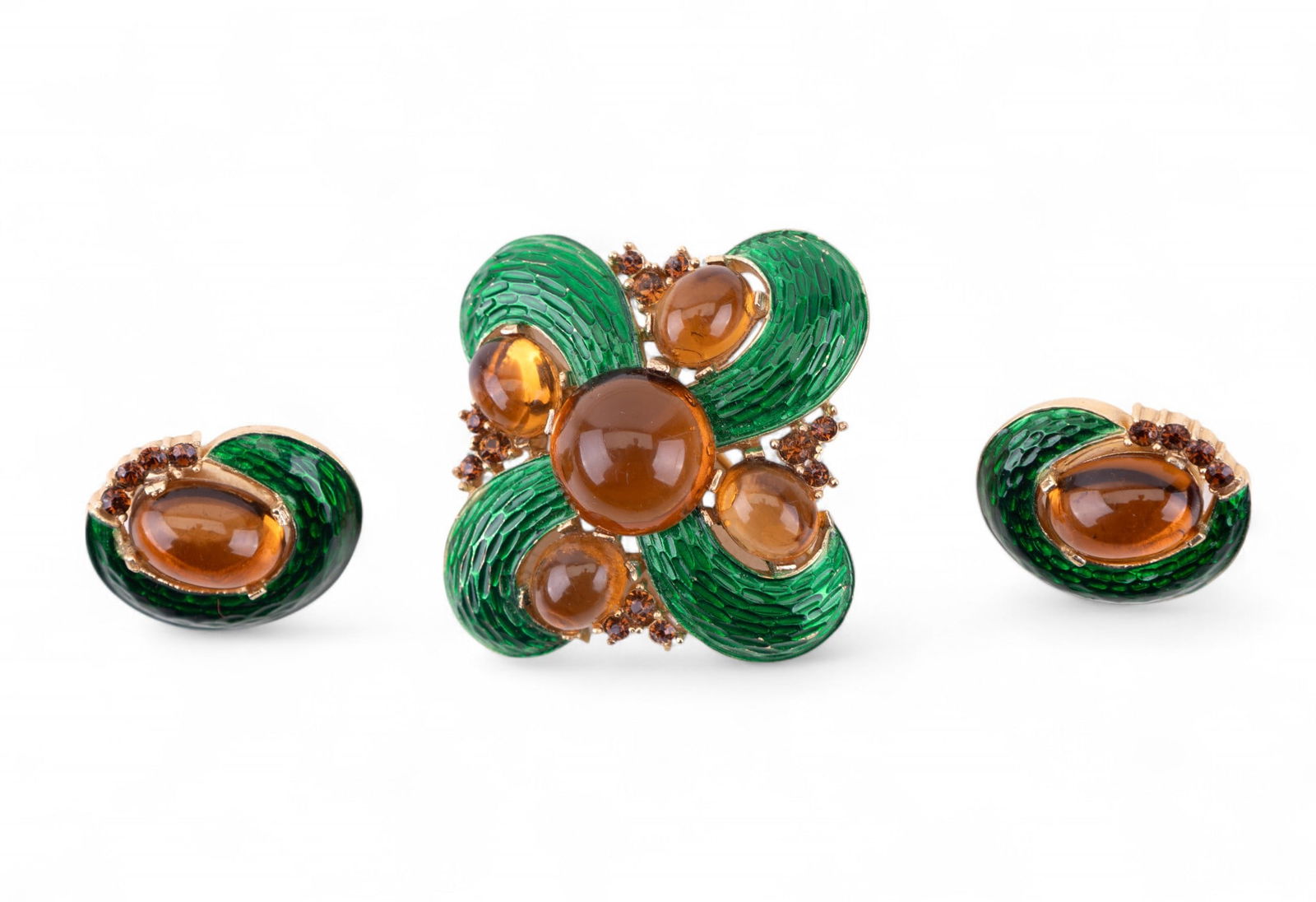 Trifari Brooch and Earrings: Vintage signed Trifari enameled brooch with matching earrings.