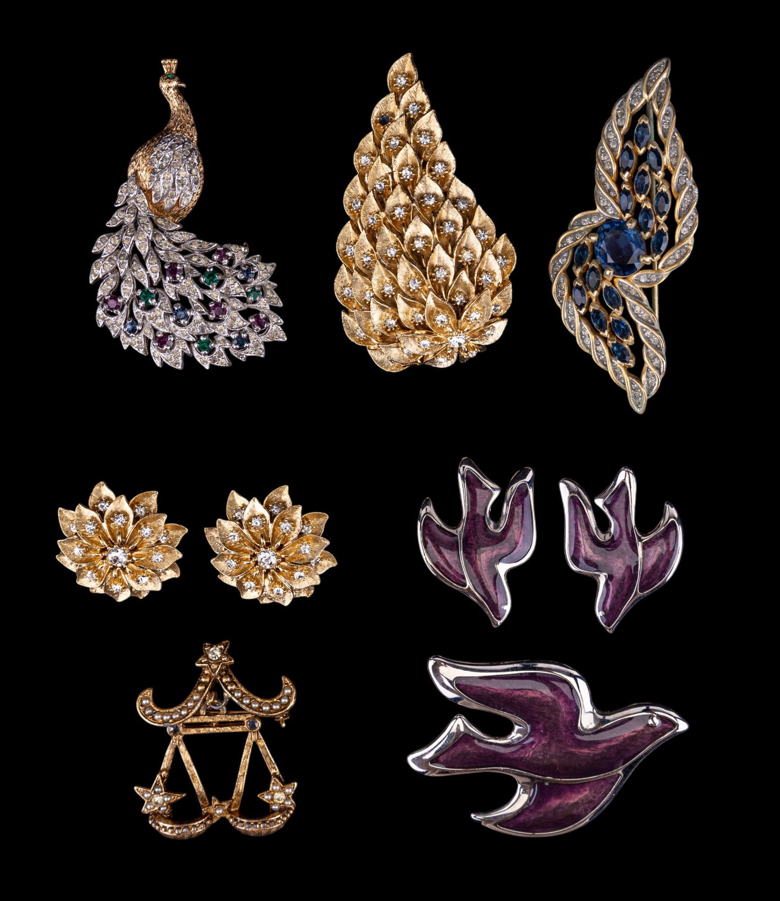 Vintage Trifari and Estate Jewelry: Vintage Trifari crystal rhinestone peacock brooch, Trifari brooch with matching earrings, and more.