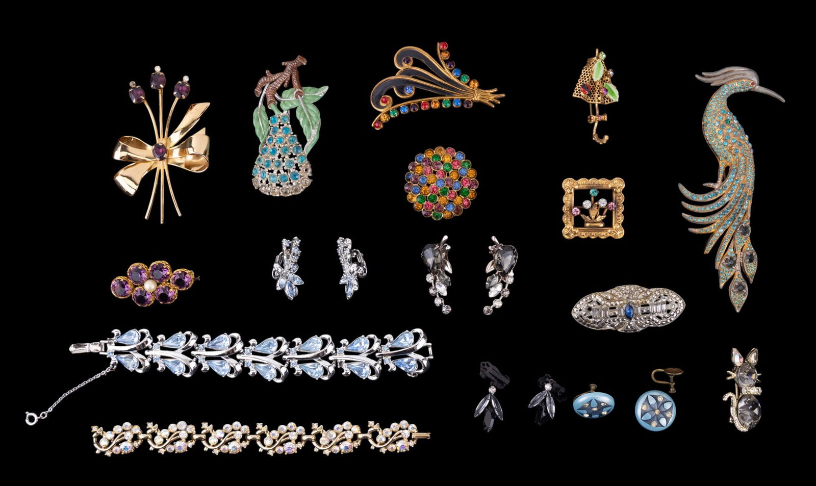 Coro and Vintage Estate Jewelry: Gold tone and purple crystal brooch, blue and silver tone bracelet with matching clip on earrings, by Coro, early large pot metal bird and fruit brooches, Beau Jewels smoky crystal clip on earrings, s