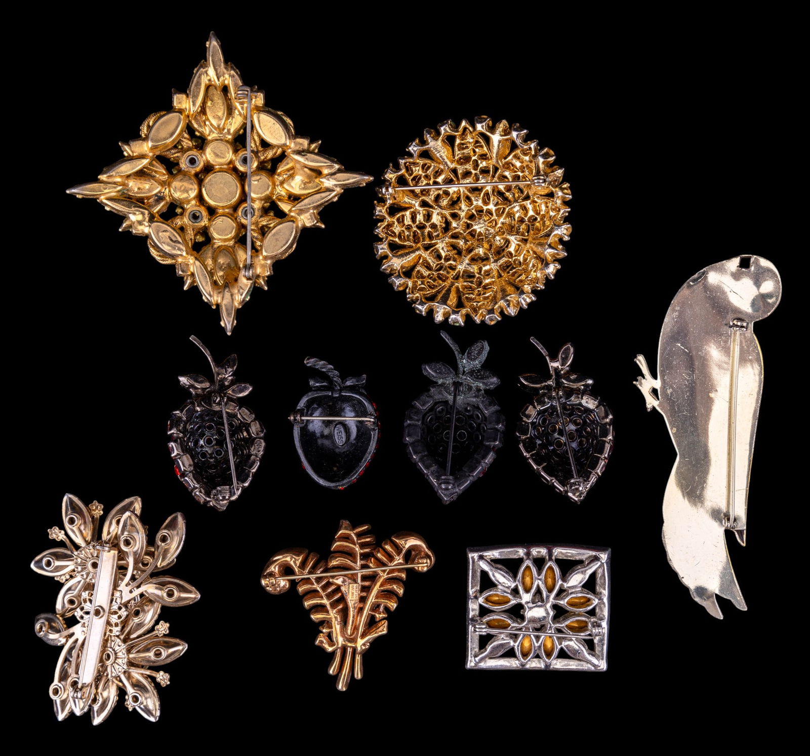 Trifari, Weiss, and Early Estate Brooches: Early brooches c 1920-50s including large enameled bird, Trifari feather plumes, Weiss rhinestone crystal strawberry, Warner strawberry, and other vintage brooches.