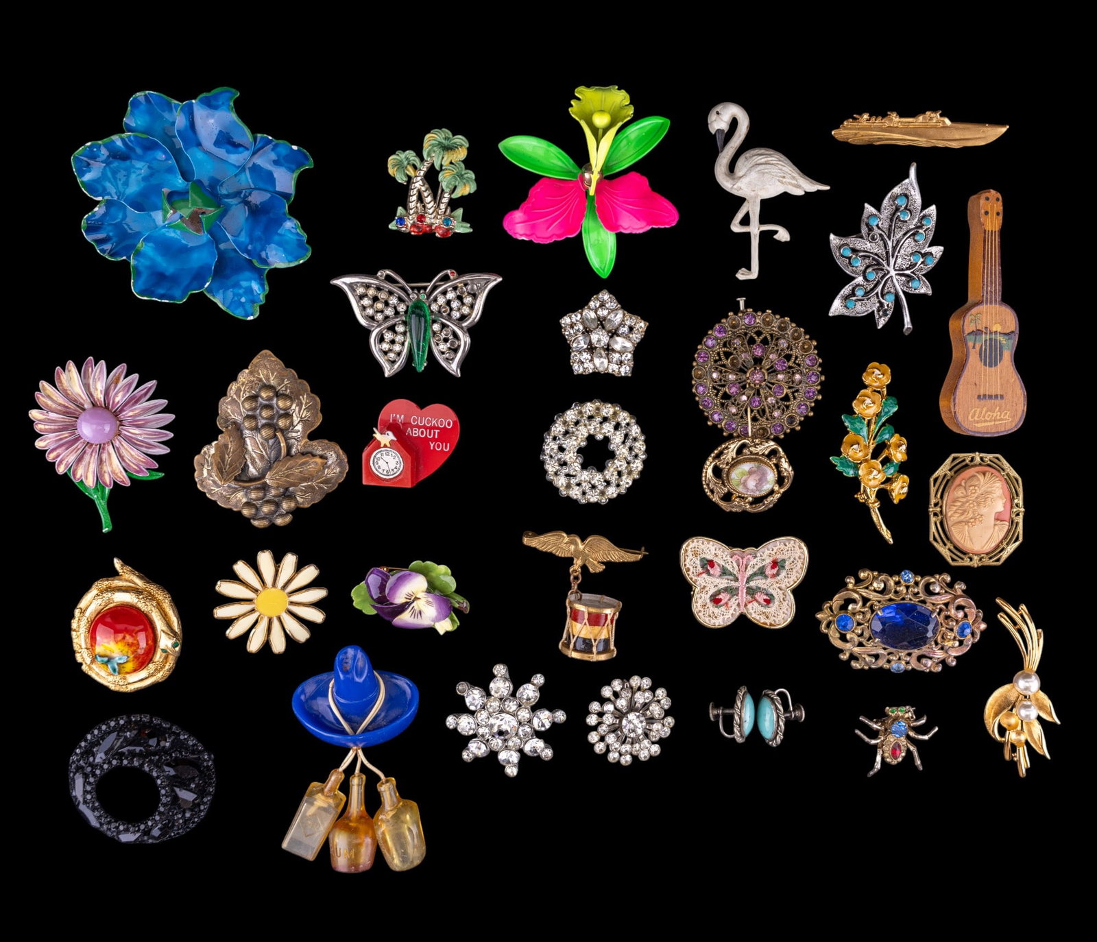 Weiss, Mod Brooches, and Vintage Jewelry: Weiss black rhinestone brooch, mod brooches, early flamingo pin, palm tree souvenir pins, guitar and butterfly brooches, and a large assortment of whimsical pins and brooches.
