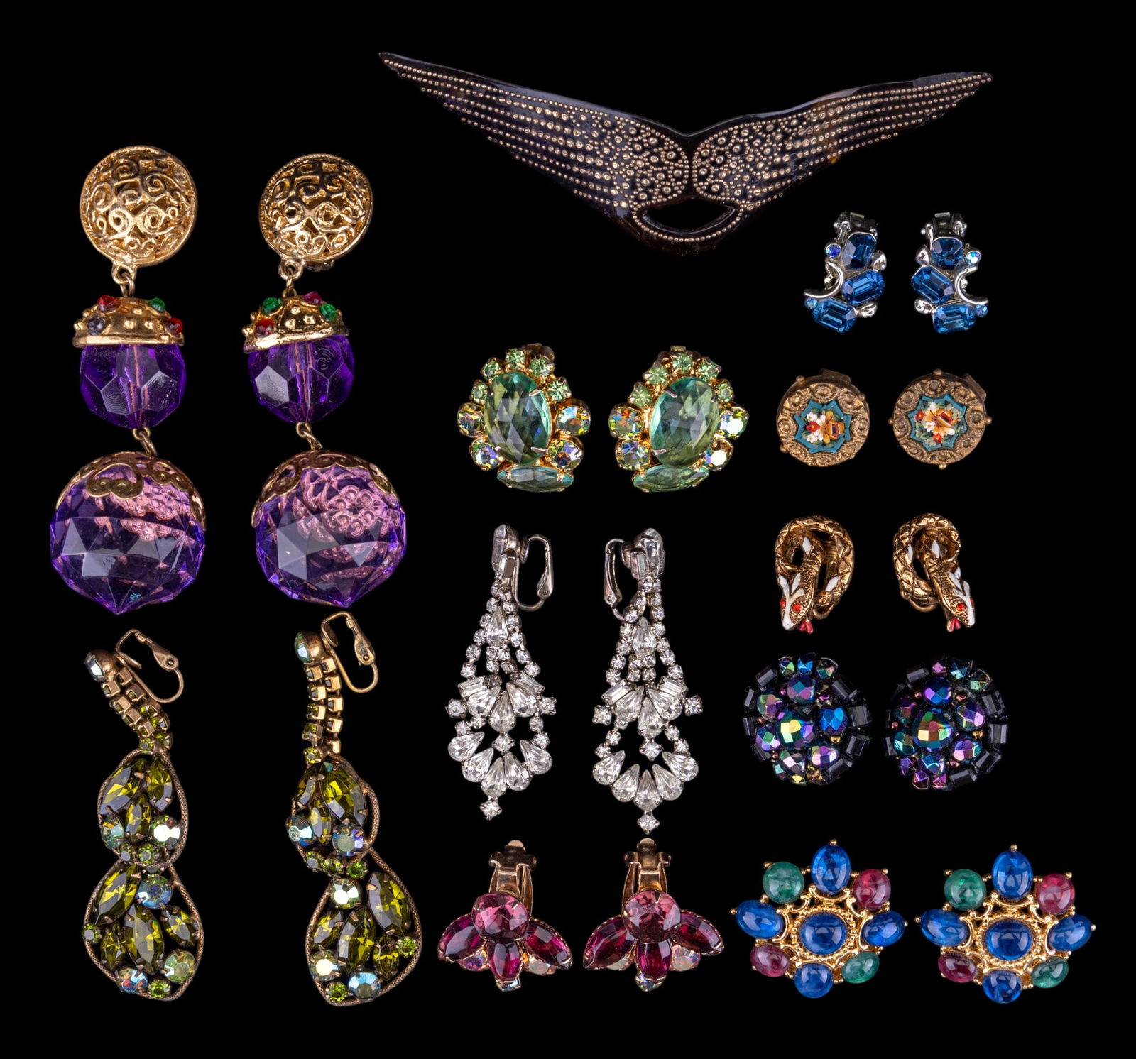 ART Snakes and Vintage Jewelry: Vintage snake earrings by ART, Trifari earrings, celluloid barrette c. 1970-80s, and various other vintage earrings.