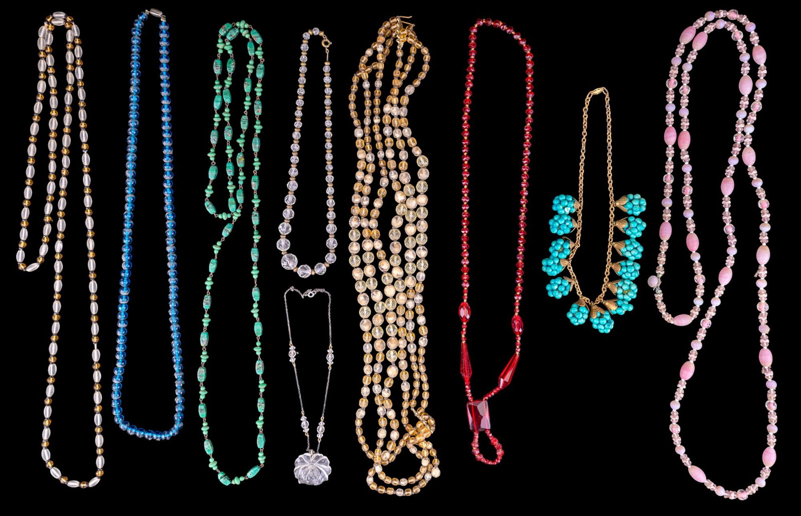 Sterling and Vintage Estate Necklaces: Sterling Czech necklace with carved glass pendant, blue turquoise colored berry cluster necklace, Art Deco glass necklaces, blue glass bead necklace marked 'Czechoslovakia', c. 1910-15.