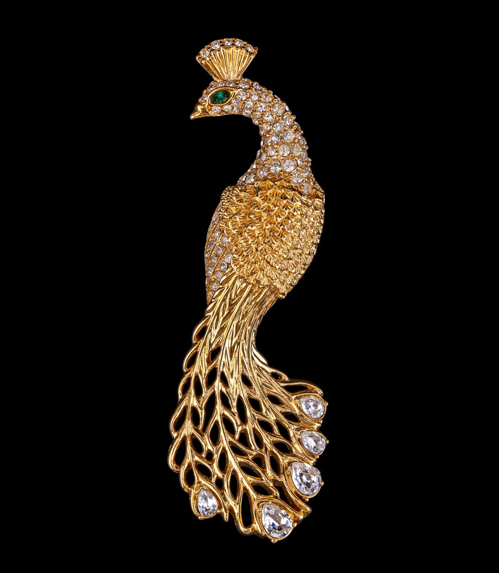 Vintage Trifari Peacock Brooch: Large gold tone new old stock vintage brooch by Trifari.