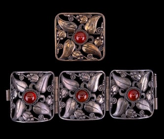 Early Sterling Silver Bracelet + Brooch Set