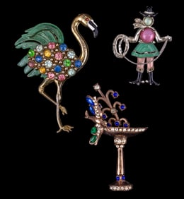3 Brooches, Jelly Belly, Flamingo + Fountain