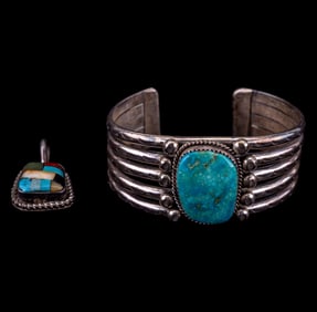 Sterling Silver Turquoise Signed Bracelet, Pendant
