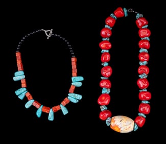 Chunky Polished Coral Turquoise Bead Necklaces