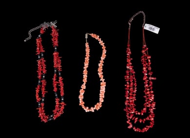 Pink + Multi-Strand Red Coral Necklaces (3 Total)