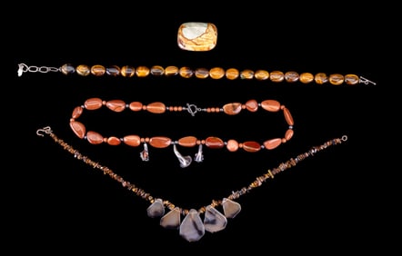 Tiger's Eye + Goldstone Necklaces + Jasper Buckle