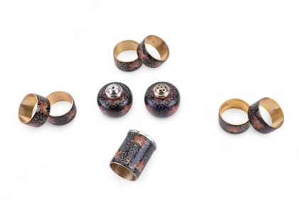 Chinese Black Cloisonne Napkin Rings + S+P Mills