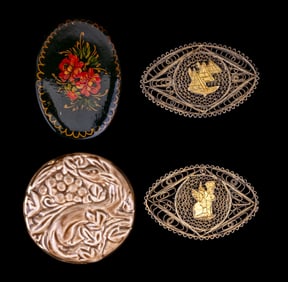1880s Egyptian Revival Brooches (2) + 2 Others