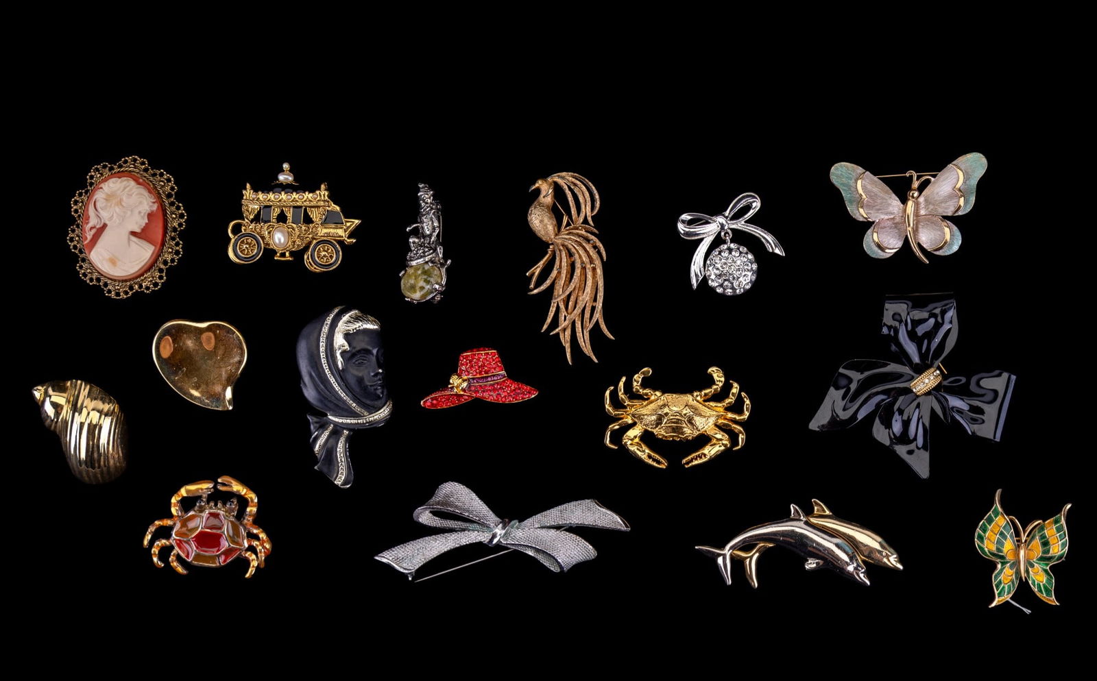 Vintage Trifari Butterfly Brooch + More Brooches: Collection of 15 brooches including a vintage Trifari butterfly gold tone brooch w/ yellow + green enamel, a Pastelli gold tone butterfly brooch, an LC dolphin brooch, a Liz Claiborne silver tone ribb