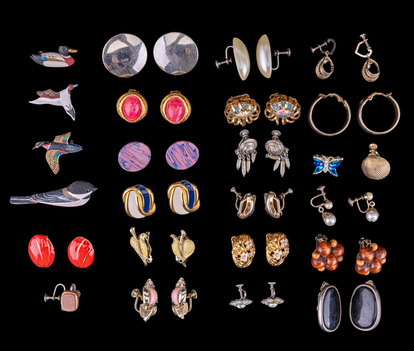 Coro and Vintage Earring Collection: A collection of vintage earrings including styles and designers such as Coro, sandstone, Sarah Coventry, rhinestone, vintage 1980s, and artisan duck pins.