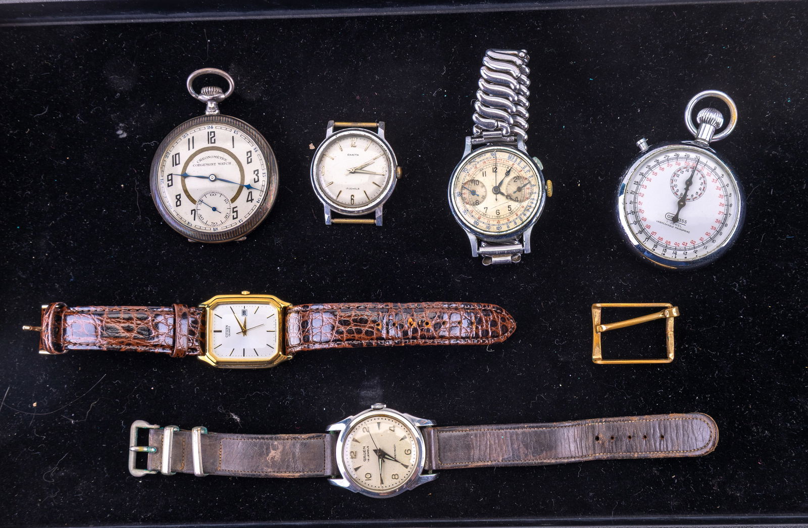 Watches w/Citizen, Gruen, Exacta + Corgemont PW: Citizen quartz men's wrist watch, Gruen 19 jewel men's wrist watch (runs then stops), an Exacta 17 jewel men's wrist watch (not running), an 800 silver cased Chronometer Corgemont Watch with an elepha