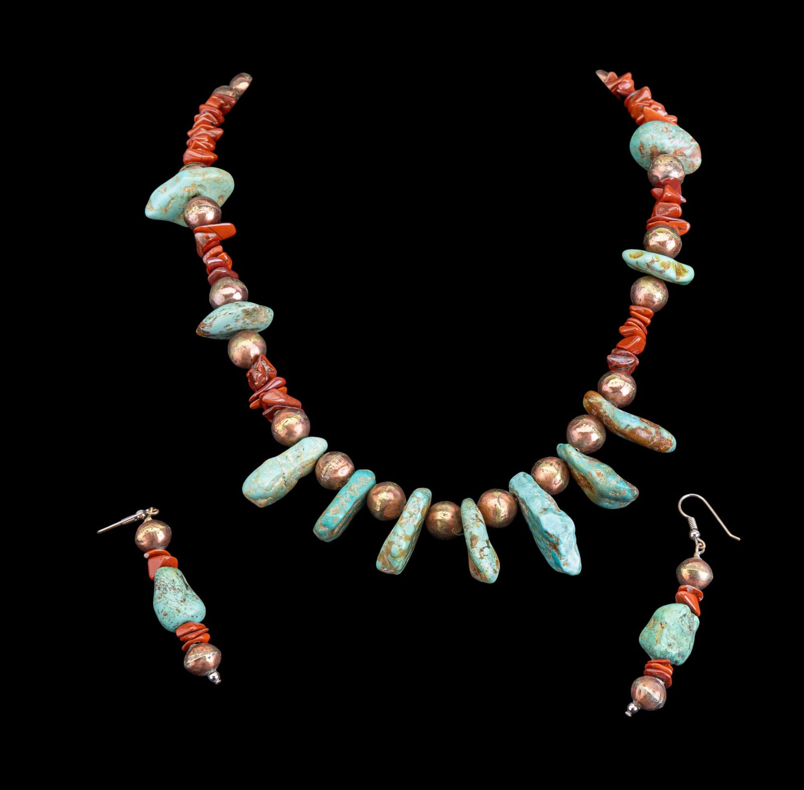 Tibetan Turquoise Necklace and Earring Set: Artisan designed graduated necklace featuring Tibetan turquoise, polished red jasper, and copper toned brass wedding beads from Guatemala, 20" L, and a pair of matching French hook drop earrings.