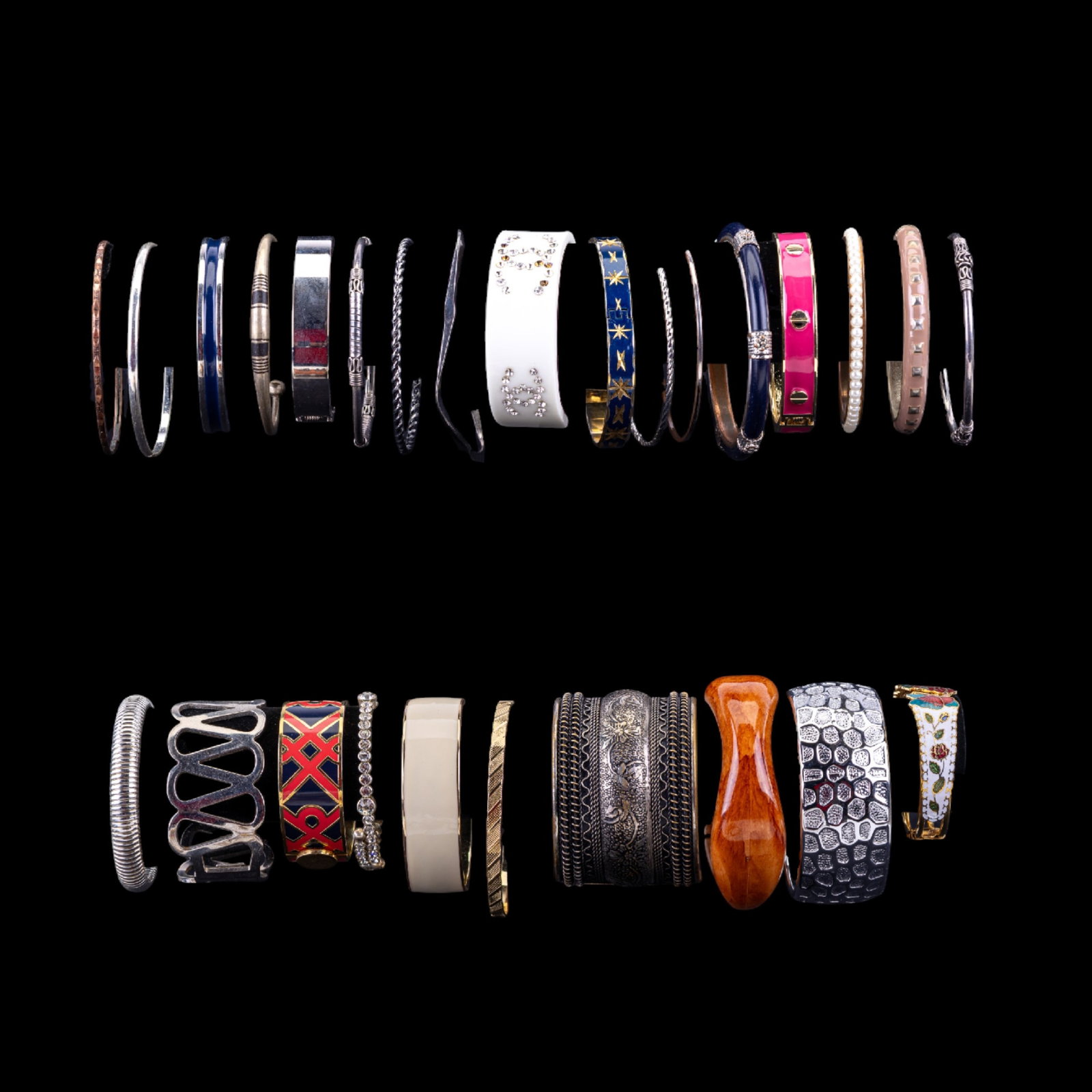 Bangle Bracelets W/ Spartina 449 + Enamel: Group of assorted bangle bracelets, including a red and navy design marked Spartina 449. The collection includes a variety of materials such as enamel, rhinestones, and metals.
