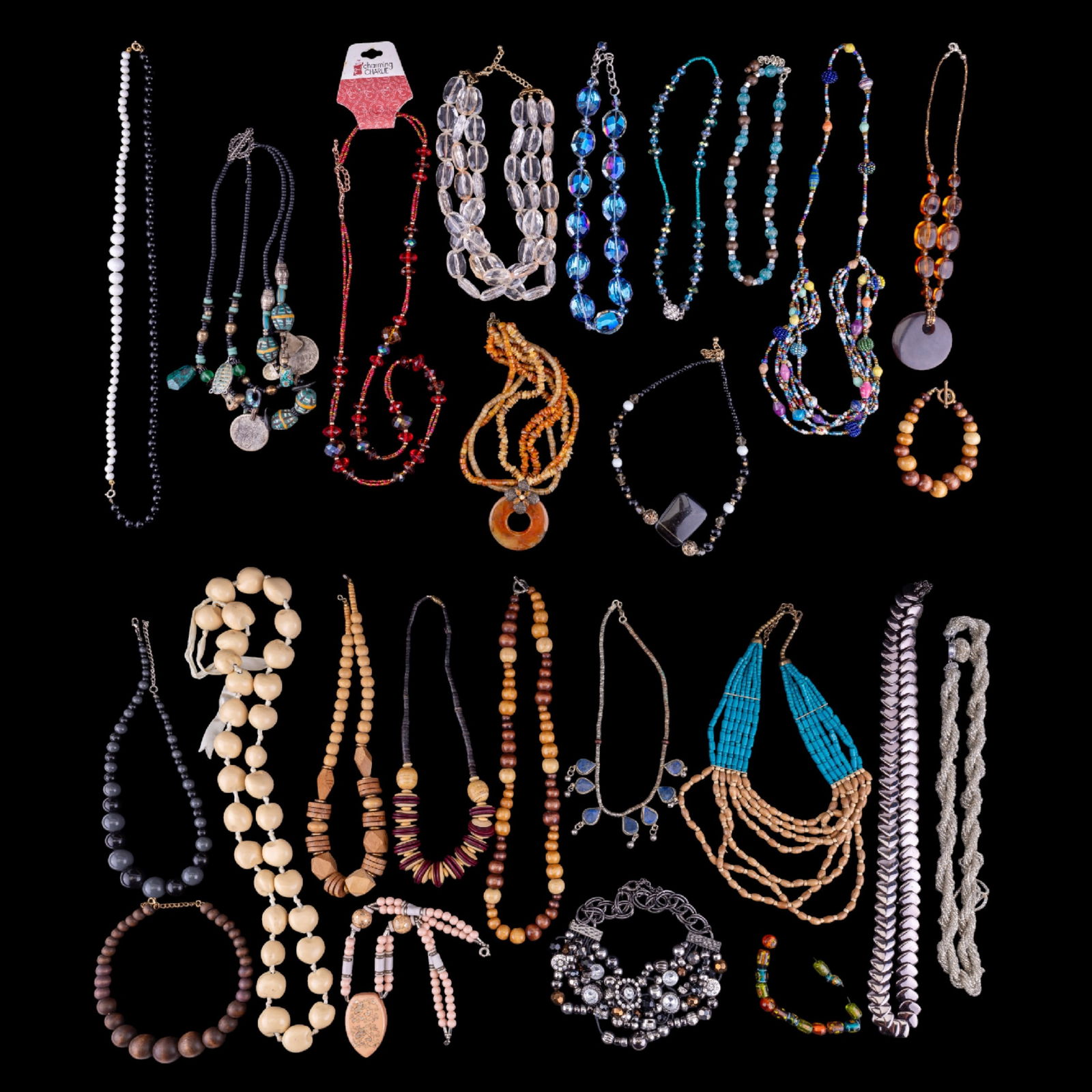 Napier, Steve Madden, Fossil, and More: Extensive assortment of jewelry, including pieces from brands such as Napier, Steve Madden, Time Tru, Fossil, Chico's, and others. Includes various designs in silver tone and natural stones, and rhine