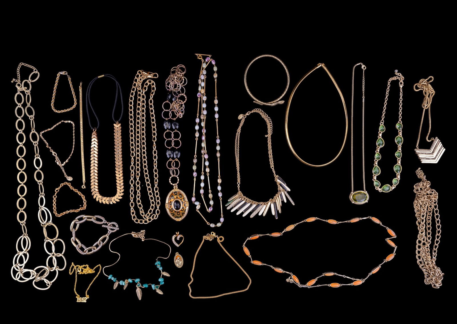 Napier, Eddle, Natadha + Other Jewelry Including N: Featuring a Napier gold-tone necklace with green beads, a Loft orange necklace, and pieces from brands such as NY and Natasha. Includes various necklaces with designs incorporating natural stones, bla