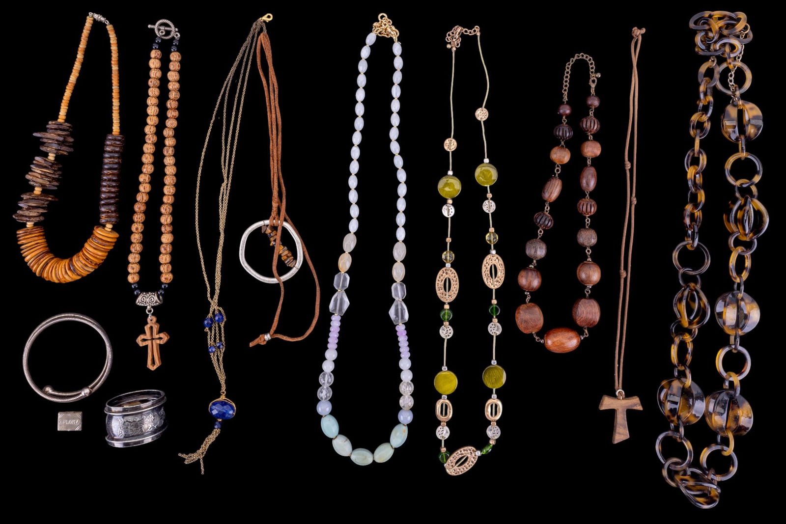 Vintage Beaded + Wood Jewelry: Grouping includes multiple wooden beaded necklaces, vintage Talbot's graduated beaded necklace with different materials, a faux turtle shell vintage bead necklace, and more.