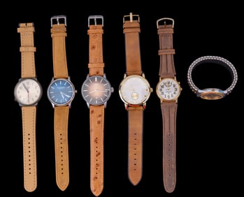 5 Watches w/ Leather Straps, 1 Helbros Stainless