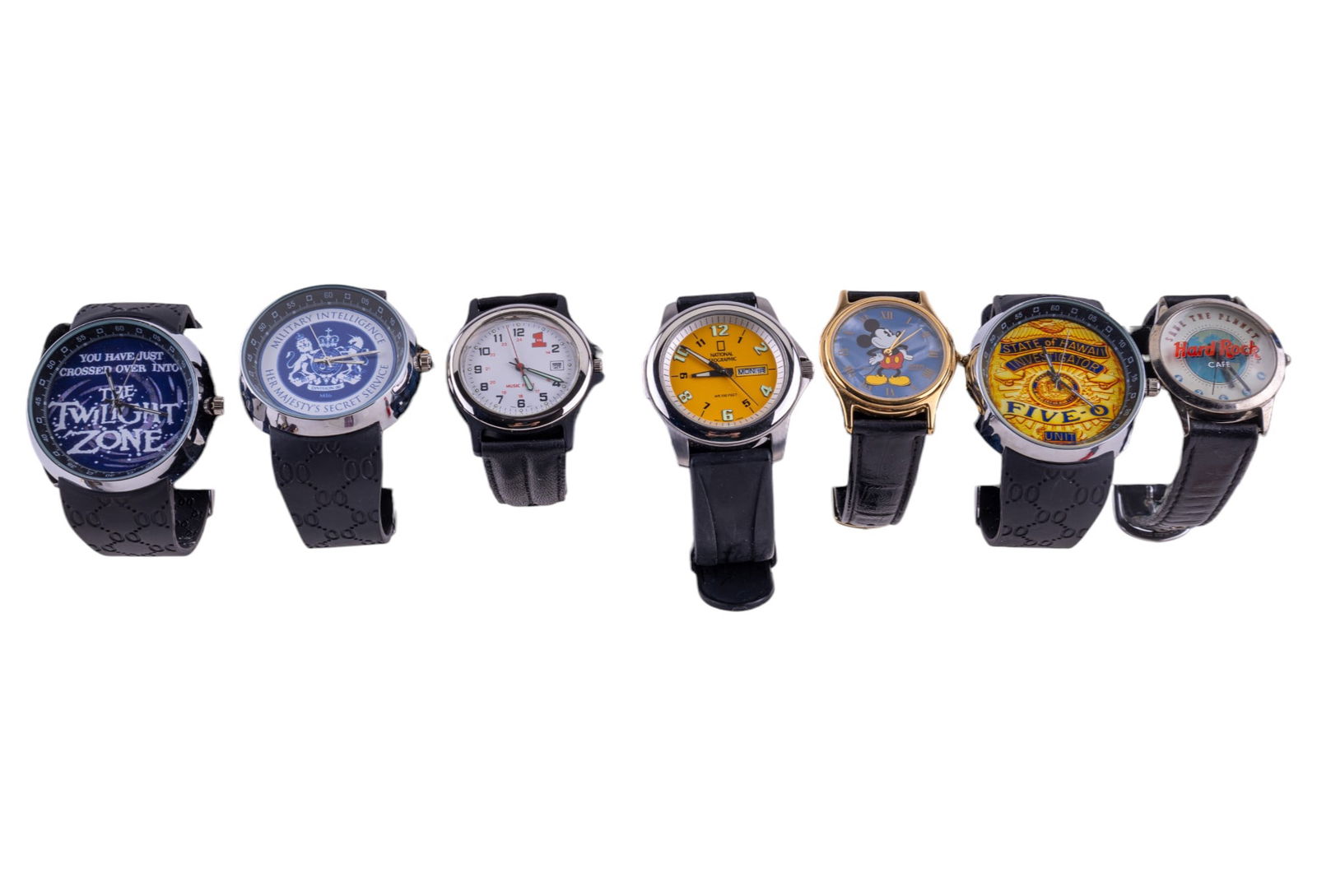 Theme and Branded Wristwatches w/ Disney: Lot includes a variety of wristwatches, such as Hard Rock Cafe, Paramount Pictures, Disney-themed Mickey Mouse designs, National Geographic, VH1, and Twilight Zone branded watches. Materials include l