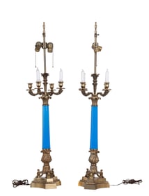 Warren Kressler NY Blue Enamel Bronze Lamps