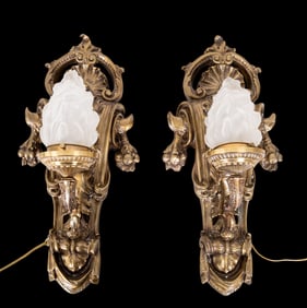 Pair, Gargoyle Sconces Engraved Bronze w/ Relief