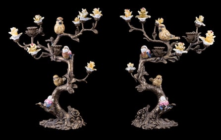 Fine Bronze, Porcelain Floral Candle Holders