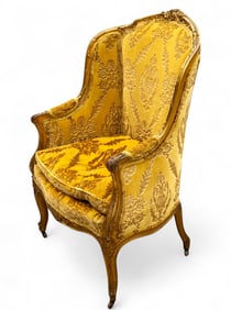 Antique French Wingback Chair w/ Gold Color Upholstery