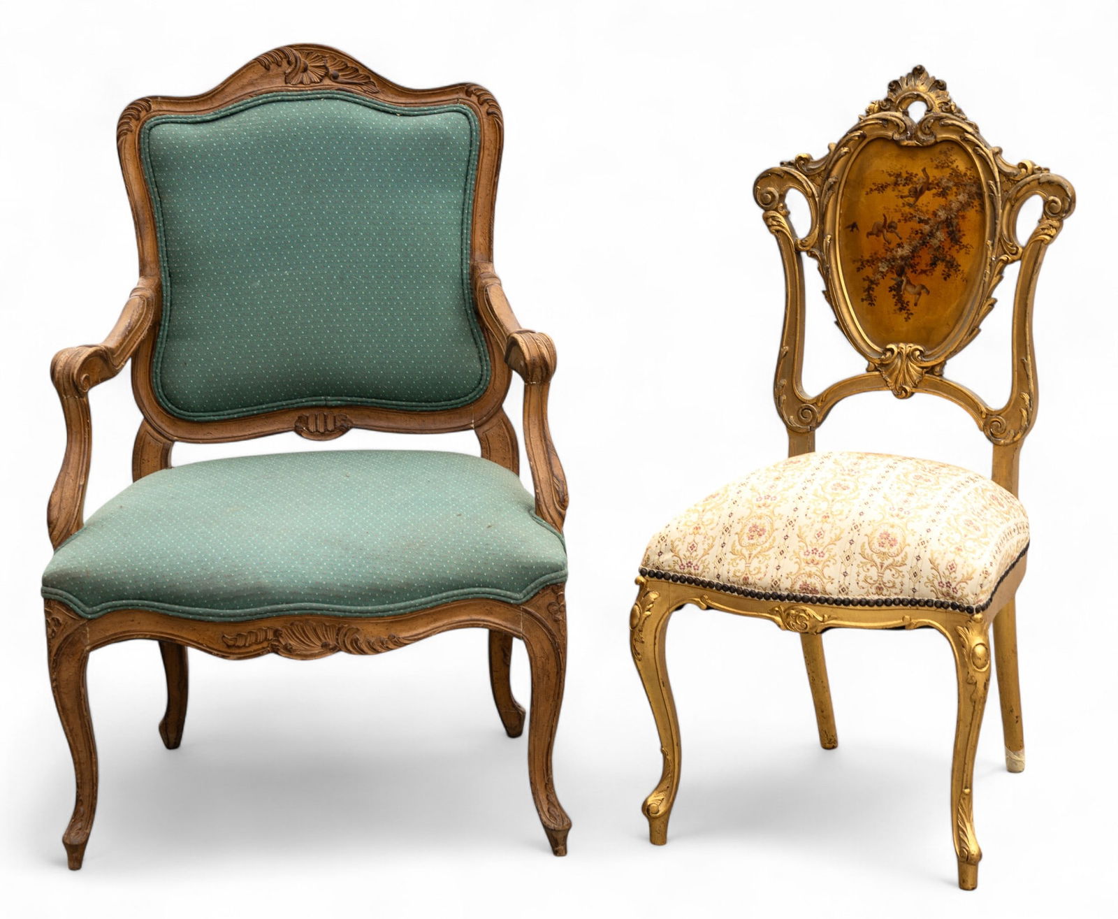 Carved Japanned Side Chairs w/ Yellow Seats, Pair: UPDATED Nice pair of carved Jappaned side chairs with yellow upholstery, shell carved crest. Measures approx. 38.5" high x 19.5" high x 17.5" deep. Seat height is approx. 19".