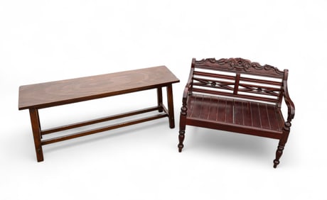 Carved Settee and Sleek Bench