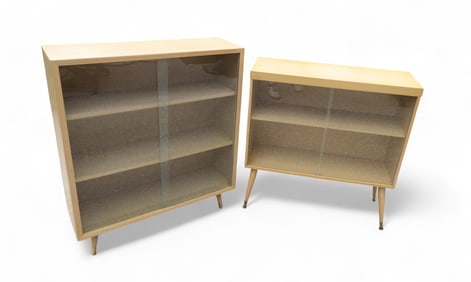 2 MCM Blond Bookshelves, Glass Fronts