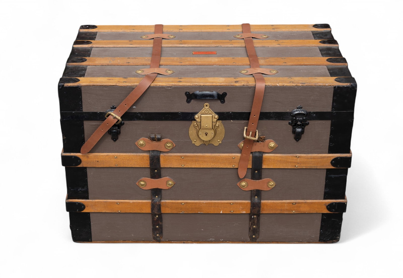 Nicely Refinished Steamer Trunk: A steamer trunk that has been nicely refinished in paint, oak refinishing and leather straps.